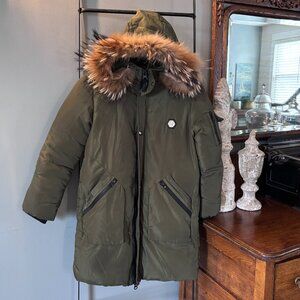 Philipp Plein Down Jacket with Detachable Fur Collar in Army Green Kids Unisex L